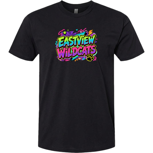 A black t-shirt with a colorful graphic design featuring the text "EASTVIEW WILDCATS" in a vibrant, graffiti-style font.