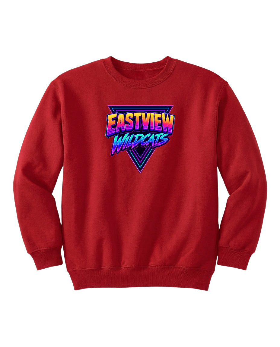 A red sweatshirt with a graphic design featuring the text "EASTVIEW WILDCATS" in a colorful, retro-style font.