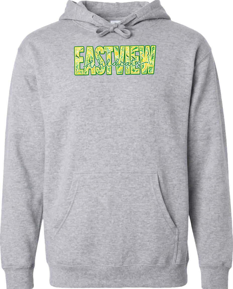 A gray hoodie with a large text logo on the front.