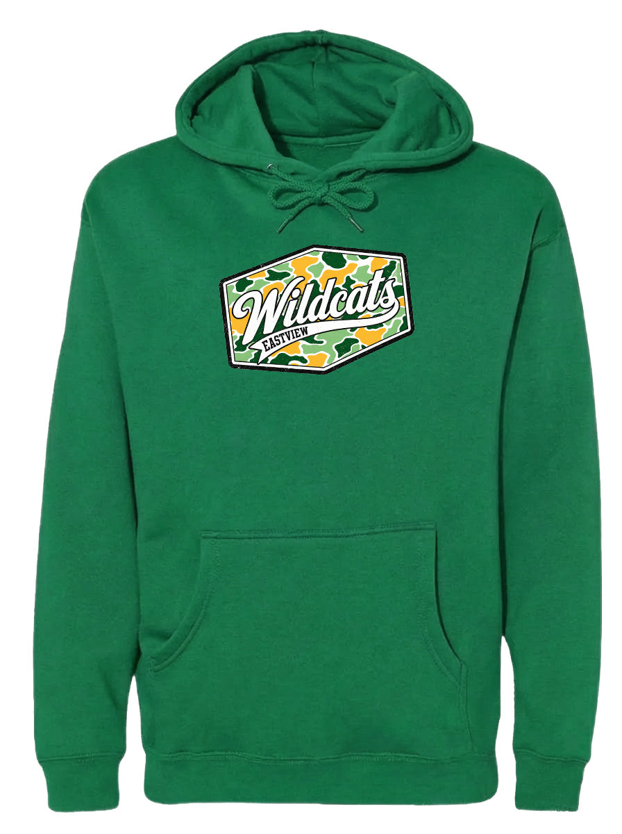 A green hoodie with a logo on the front.
