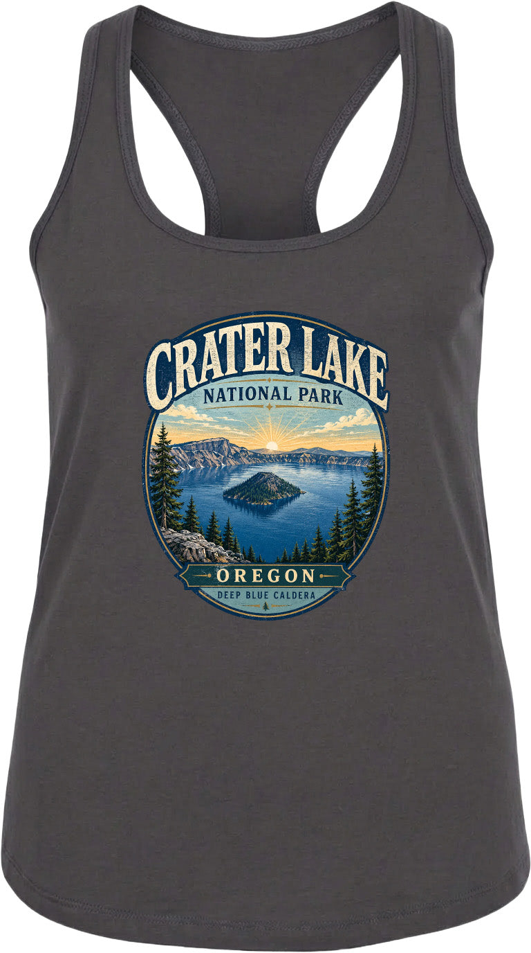 A gray tank top with a graphic design depicting Crater Lake National Park in Oregon.
