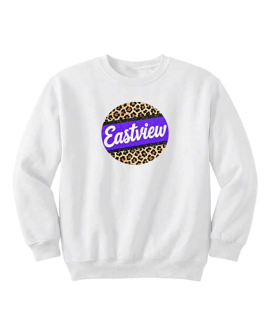 A white sweatshirt with a circular logo on the front. The logo features a leopard print design with a purple stripe.