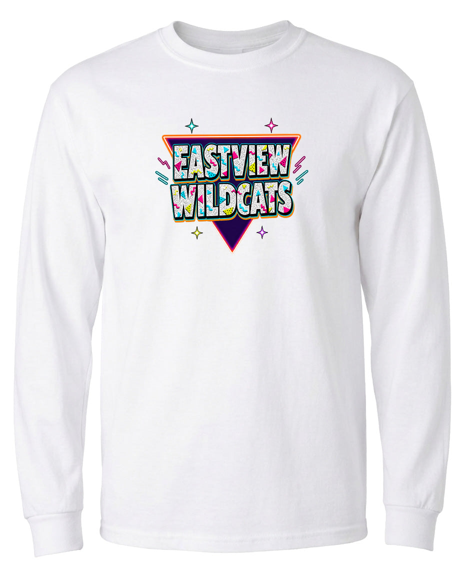 A white long-sleeved t-shirt with a colorful graphic design featuring the text "EASTVIEW WILDCATS" in a retro style.
