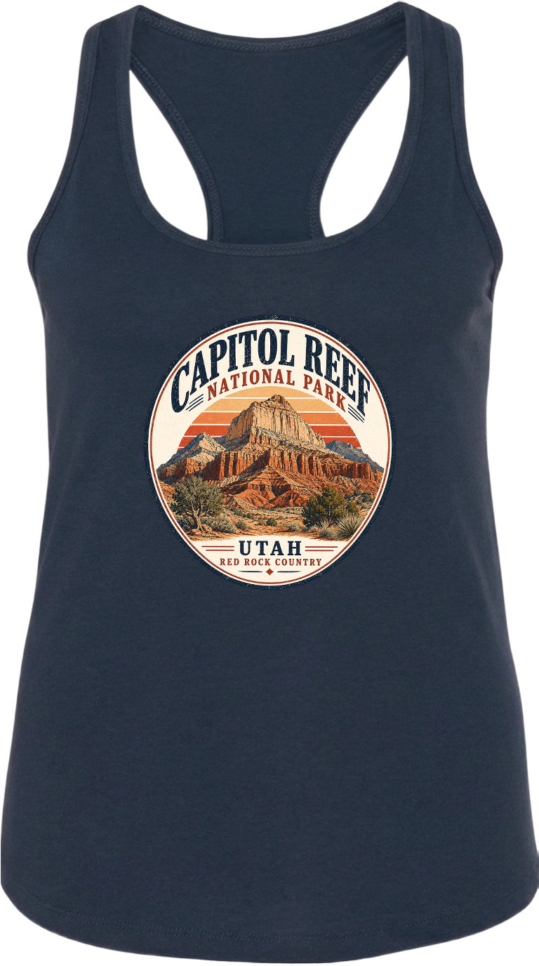 A black tank top with a circular design featuring the Capitol Reef National Park in Utah.