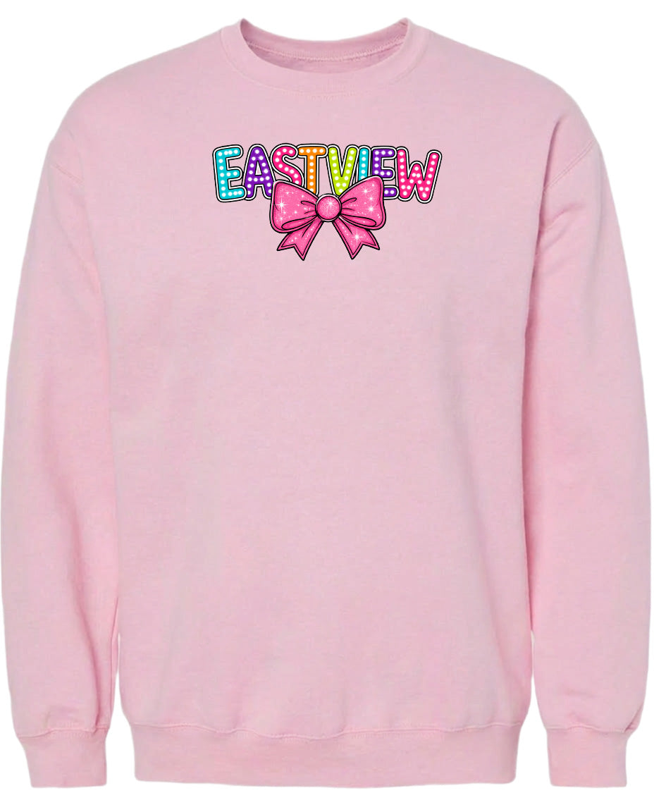 A pink sweatshirt with the word "EASTVIEW" and a bow graphic printed on it.