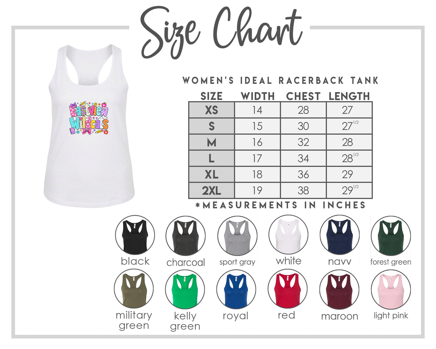 The image is a size chart for a women's ideal racerback tank, including a white tank with a colorful design and a table with size and chest length measurements.