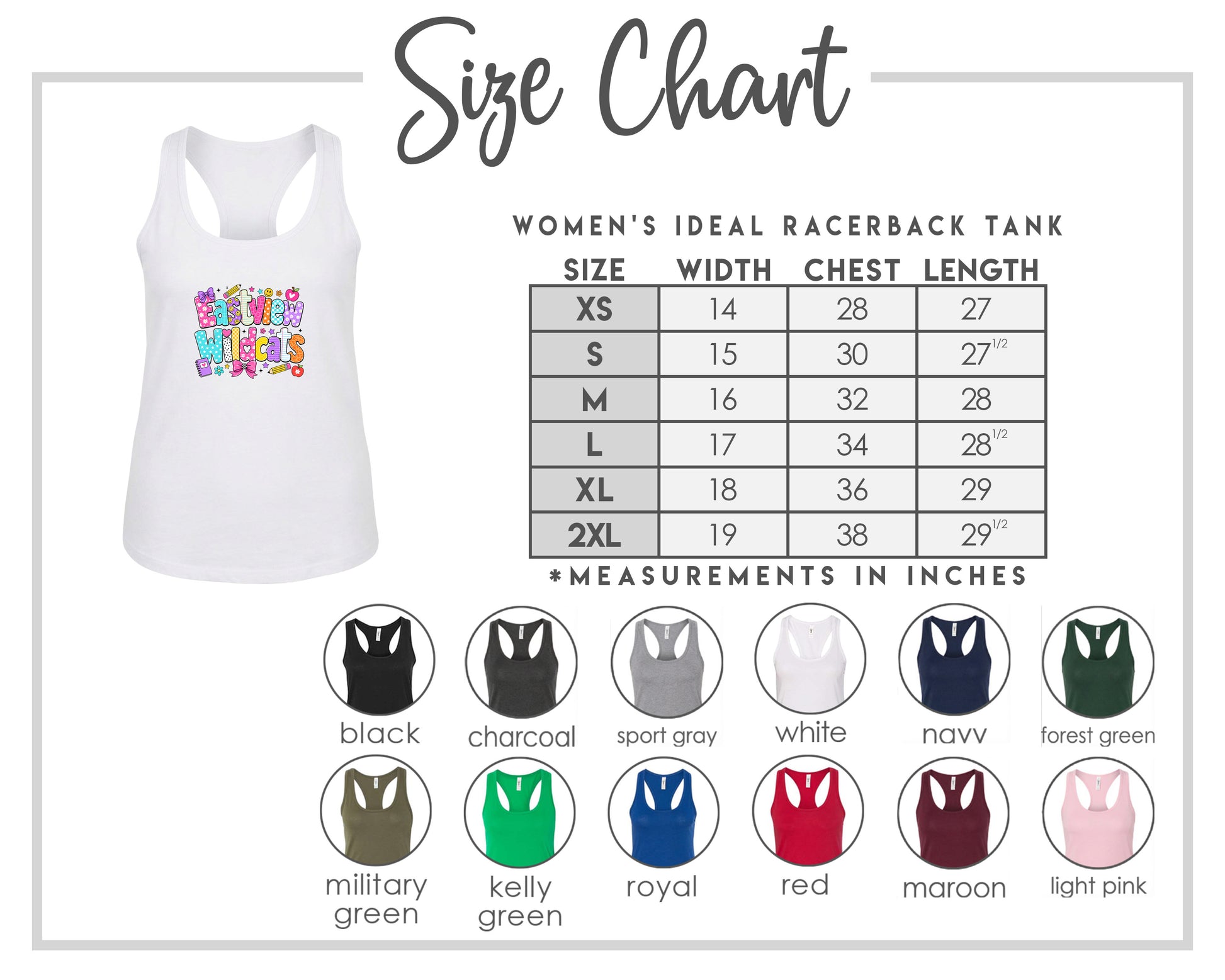 The image is a size chart for a women's ideal racerback tank, including a white tank with a colorful design and a table with size and chest length measurements.