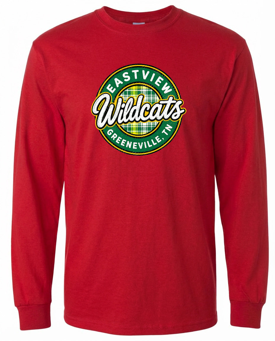A red long-sleeved t-shirt with a graphic design featuring the text "EASTVIEW WILDCATS GREENEVILLE IN" in a circular pattern.
