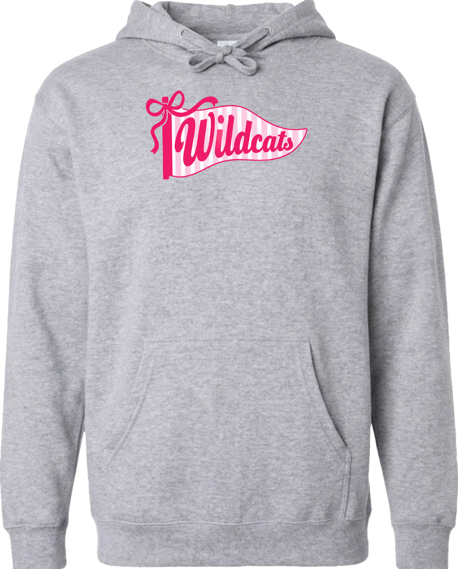 A gray hoodie with a pink and white banner that says "Wildcats" on it.