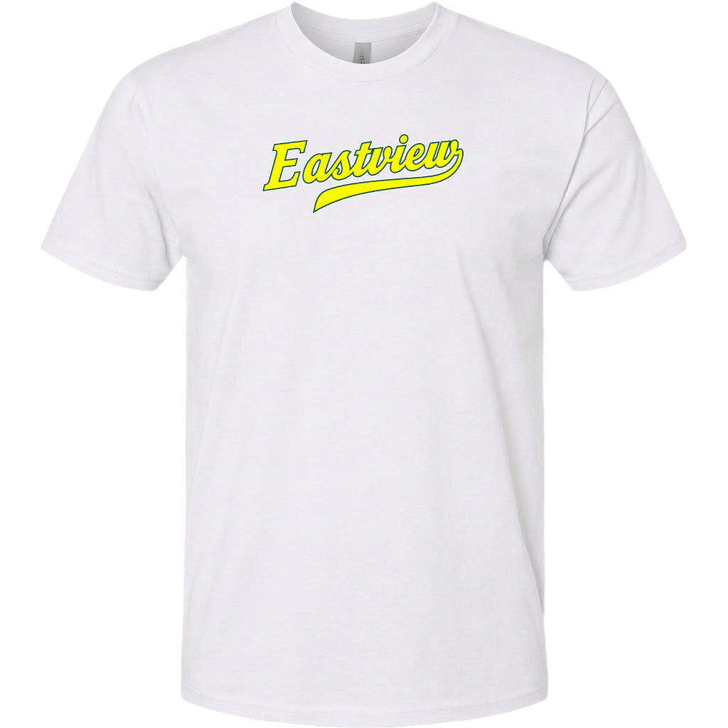 A white t-shirt with the word "Eastview" printed in yellow text across the front.