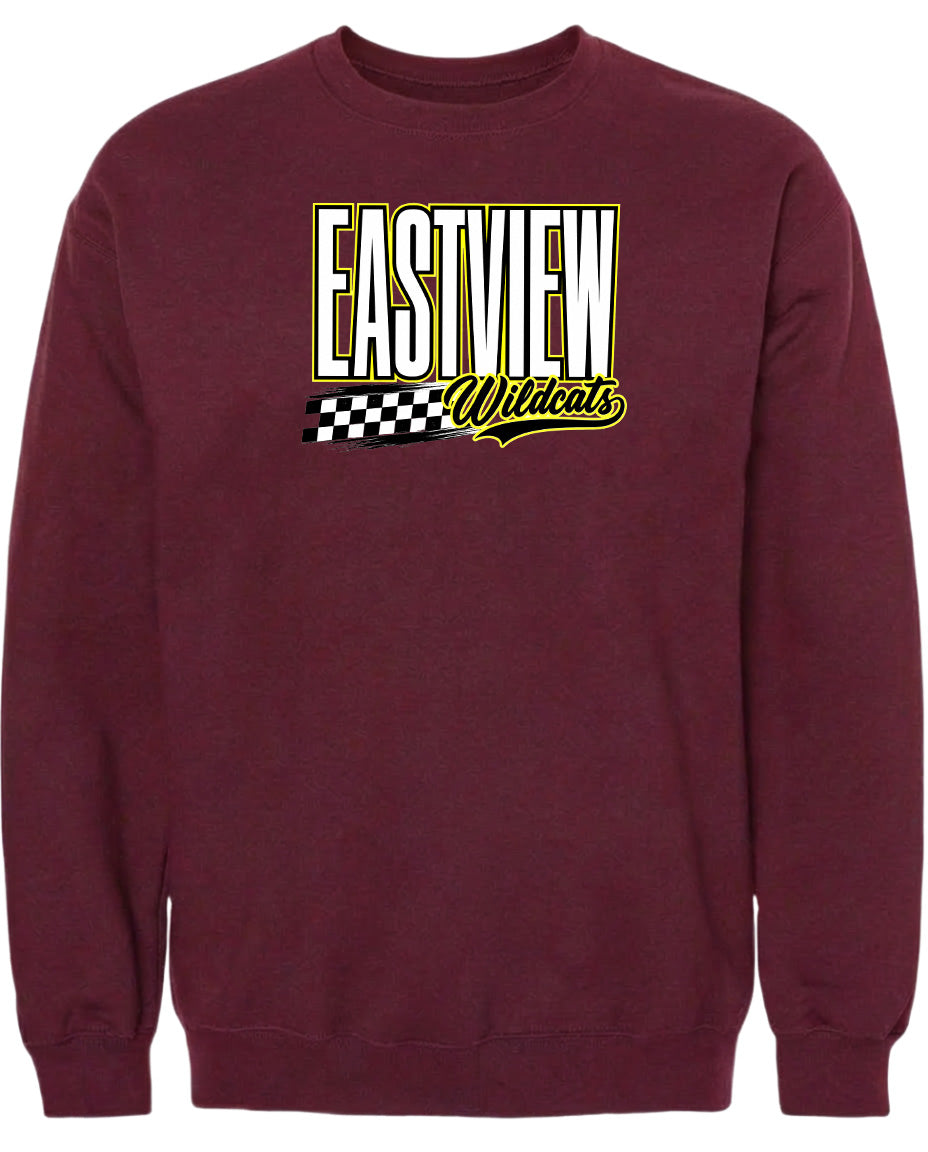 A burgundy-colored sweatshirt with a graphic design featuring the text "EASTVIEW Wildcats" in a stylized font.
