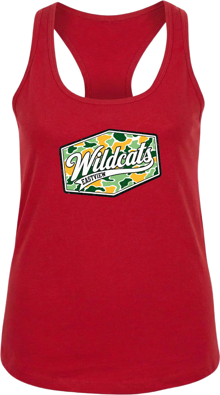 A red tank top with a camouflage-patterned logo on the front.