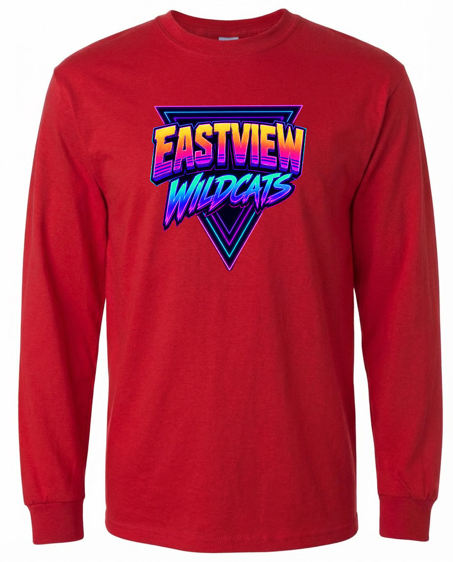 A red long-sleeved t-shirt with a graphic design featuring the text "EASTVIEW WILDCATS" in a stylized font.