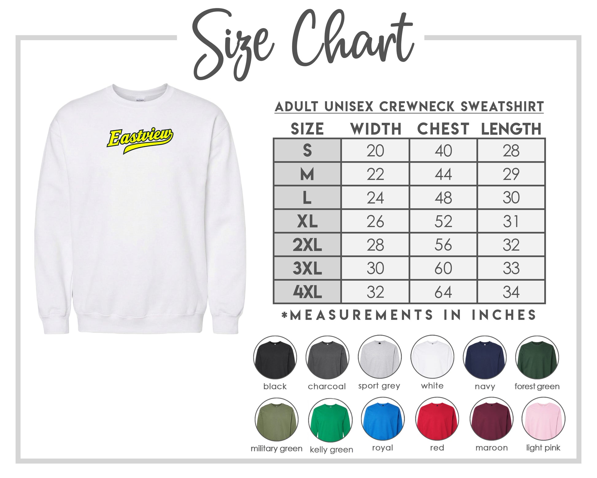 The image is a size chart for an adult unisex crewneck sweatshirt, showing the measurements for different chest and waist sizes.