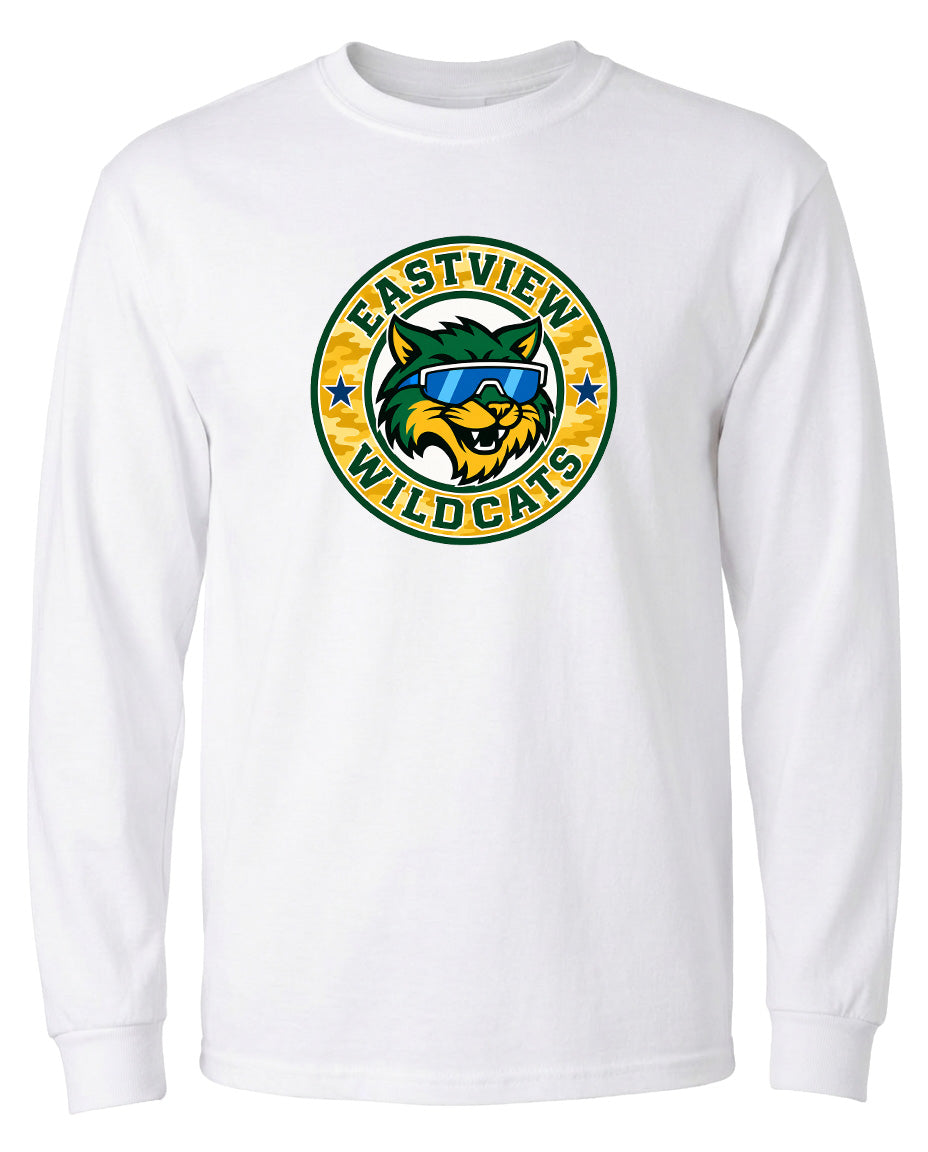 A white long-sleeved t-shirt with a graphic design featuring a cartoon-like cat wearing sunglasses and surrounded by a circular emblem with the text "EASTVIEW WILDCATS".