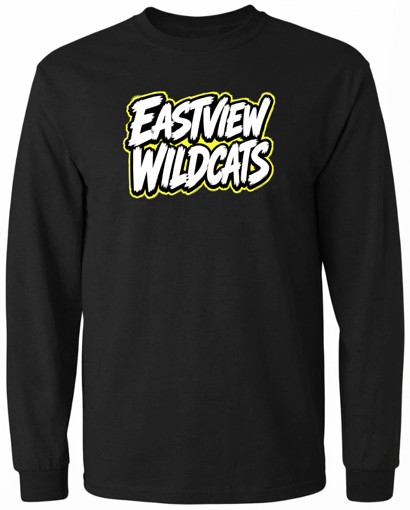 A black long-sleeved shirt with the text "EASTVIEW WILDGATS" printed on it in white and yellow lettering.