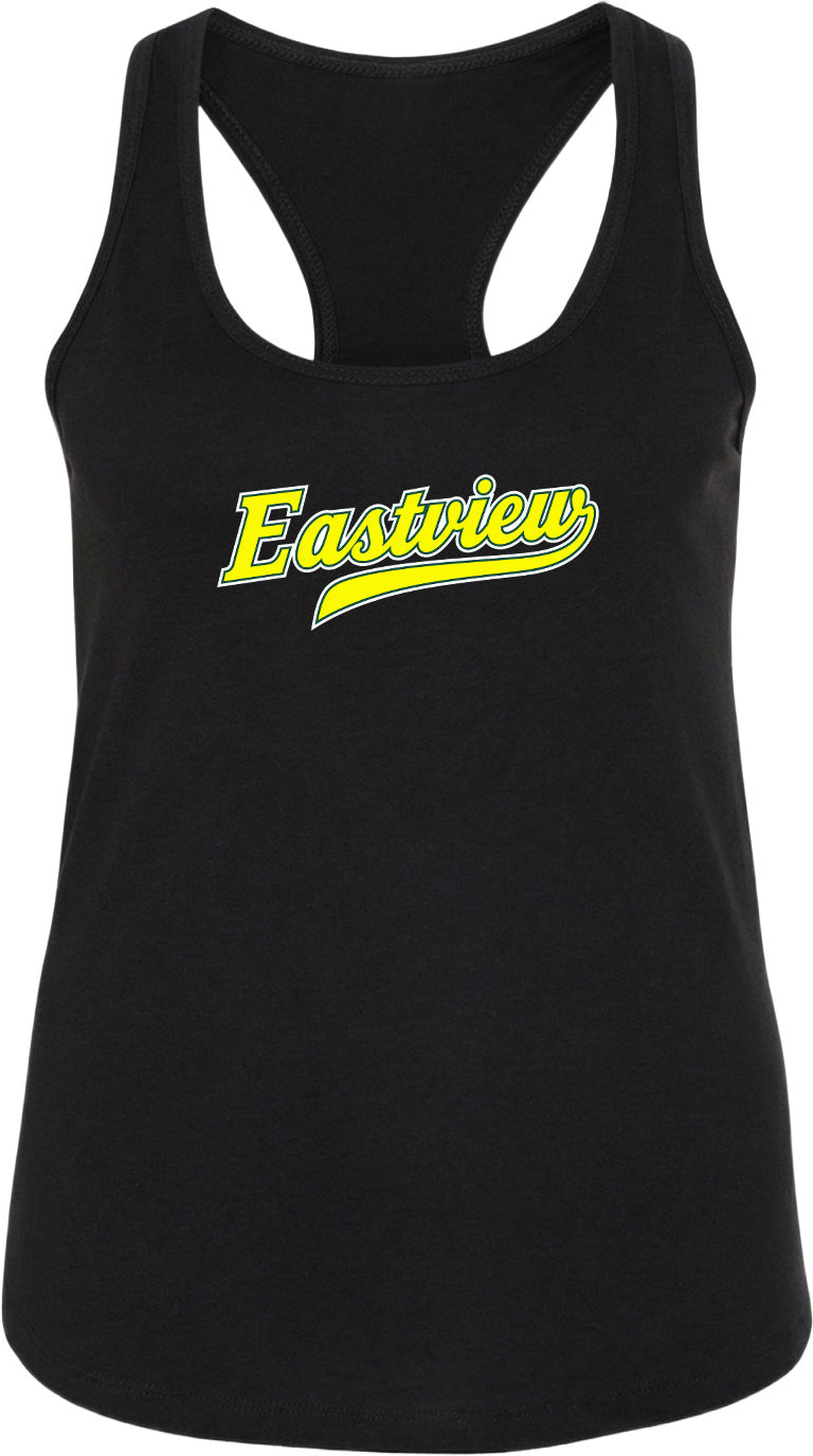 A black tank top with the word "Eastview" printed in yellow text across the front.