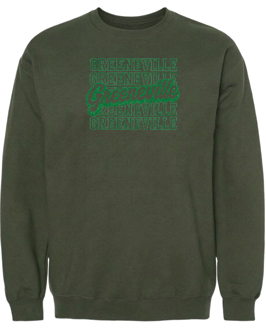 A dark green sweatshirt with a graphic design on the front.