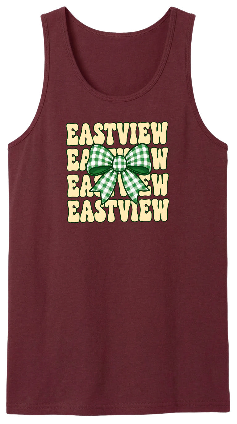 A burgundy tank top with a graphic design featuring a green and white checkered bow and the text "EASTVIEW EASTVIEW EASTVIEW" repeated in a vertical pattern.