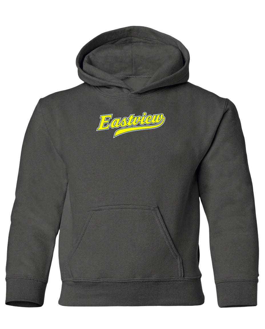 A gray hooded sweatshirt with a yellow logo on the front.