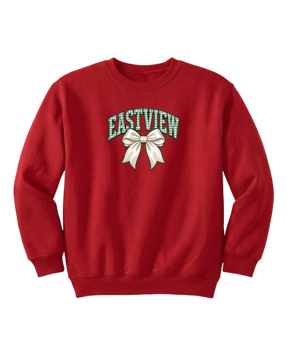 A red sweatshirt with the word "EASTVIEW" and a white bow printed on it.