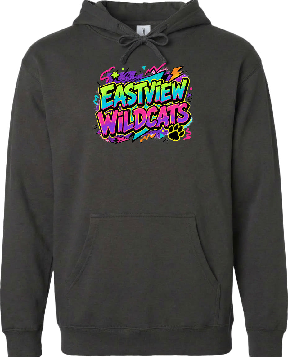 A black hoodie with a colorful graphic design on the front.