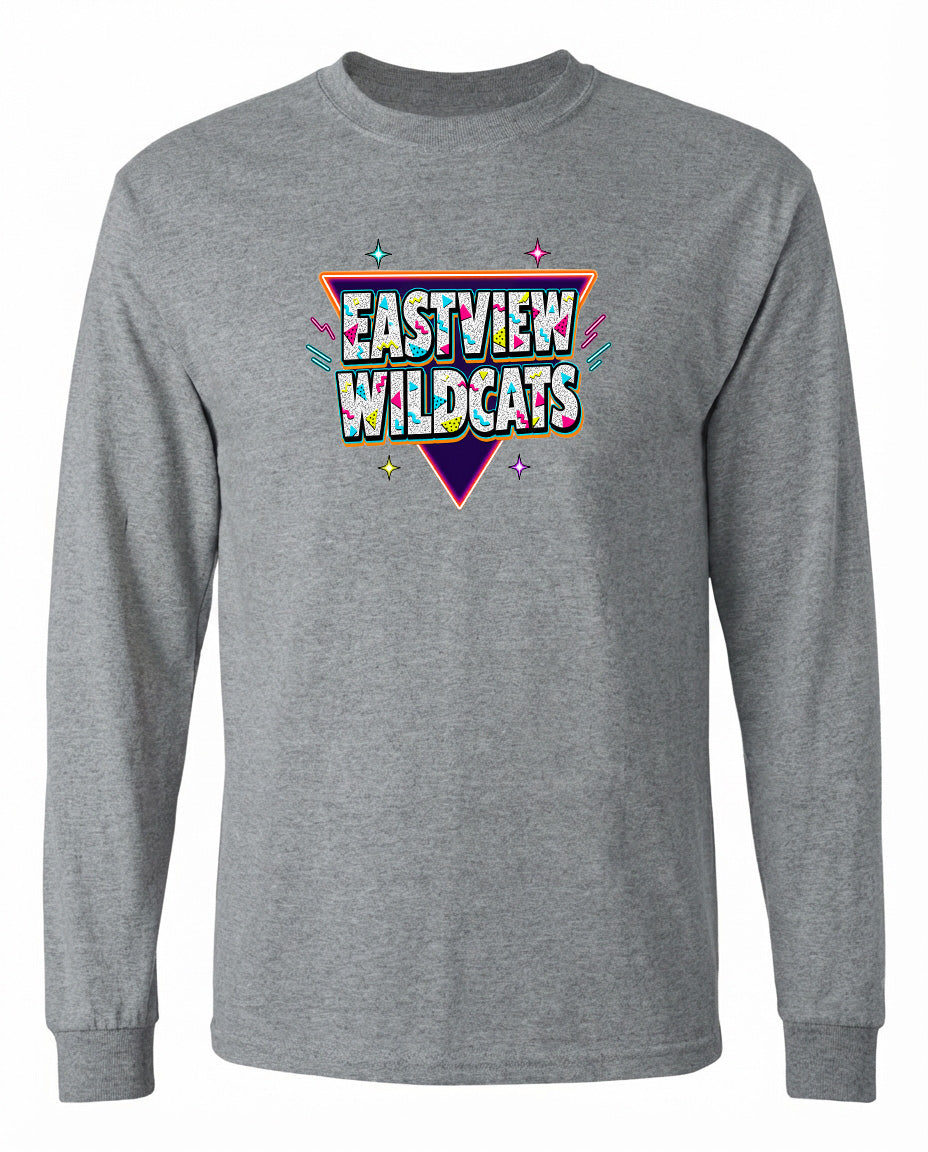 A gray long-sleeved shirt with a colorful graphic design featuring the text "EASTVIEW WILDCATS" in a retro style.