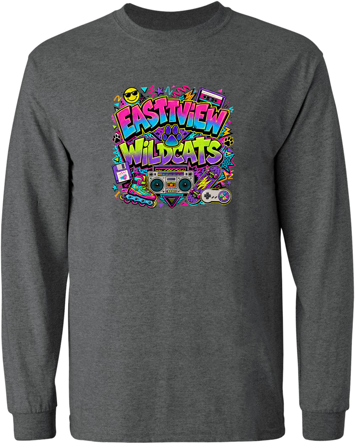 A gray long-sleeved shirt with a colorful graphic design featuring the text "EASTVIEW WILDCATS" surrounded by various icons and symbols, such as a boombox, a guitar, and a skull and crossbones.