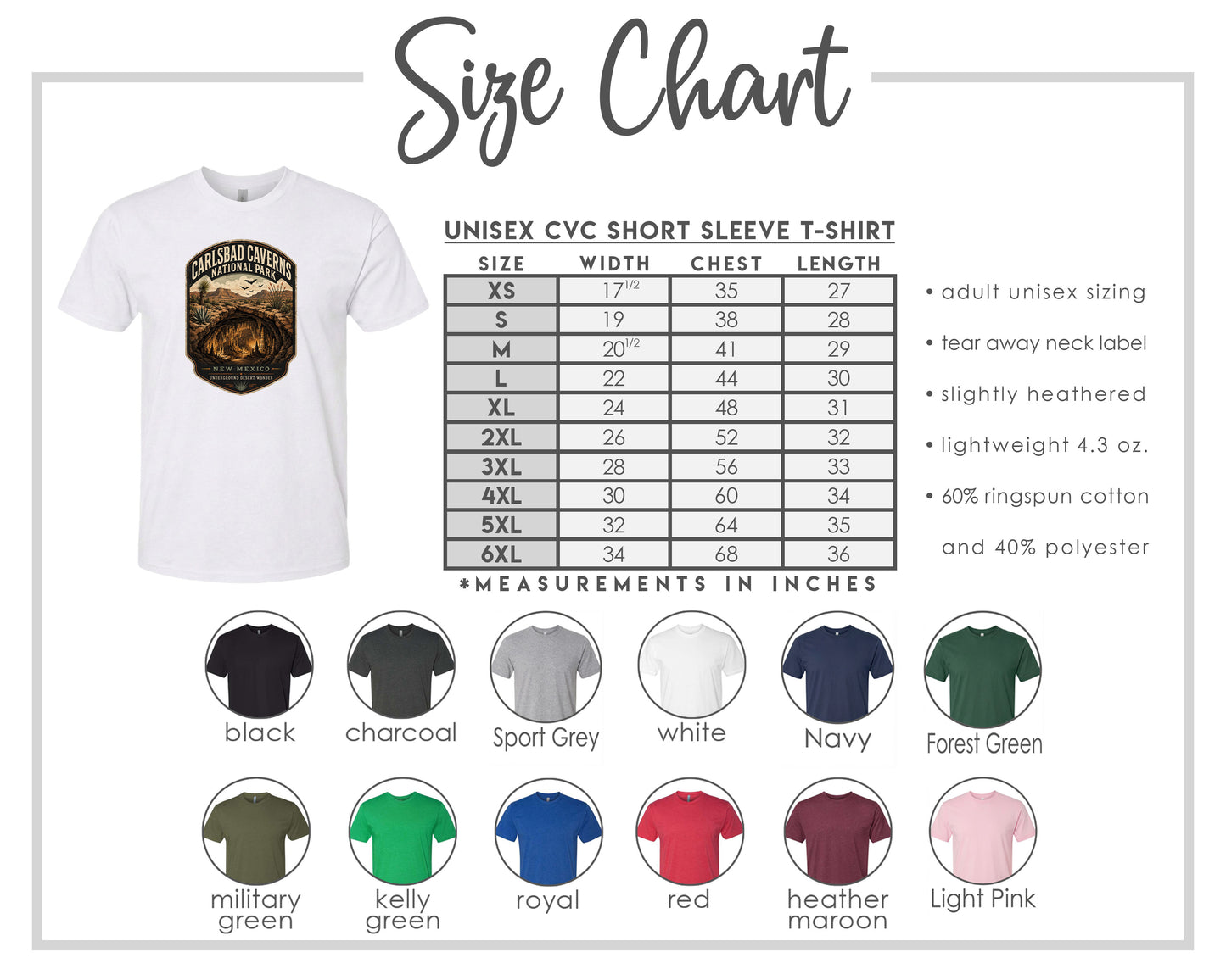 The image is a size chart for a white short sleeve t-shirt, including various color options and corresponding measurements in inches.