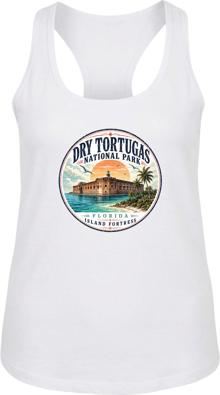 A white tank top with a circular graphic design featuring a building and palm trees, along with the text "Dry Tortugas National Park, Florida Island Fortress".