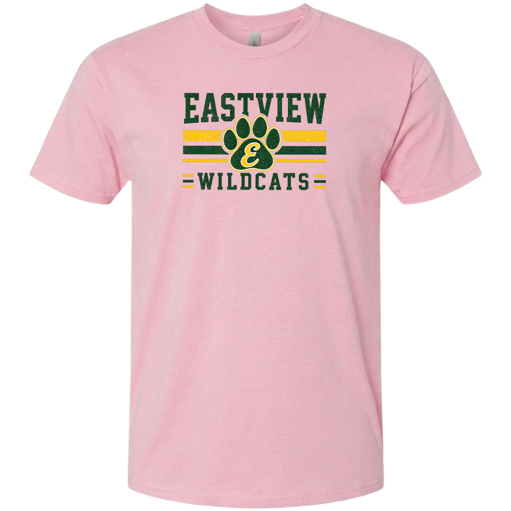 A pink t-shirt with a graphic design featuring the text "EASTVIEW WILDCATS" and a paw print symbol.