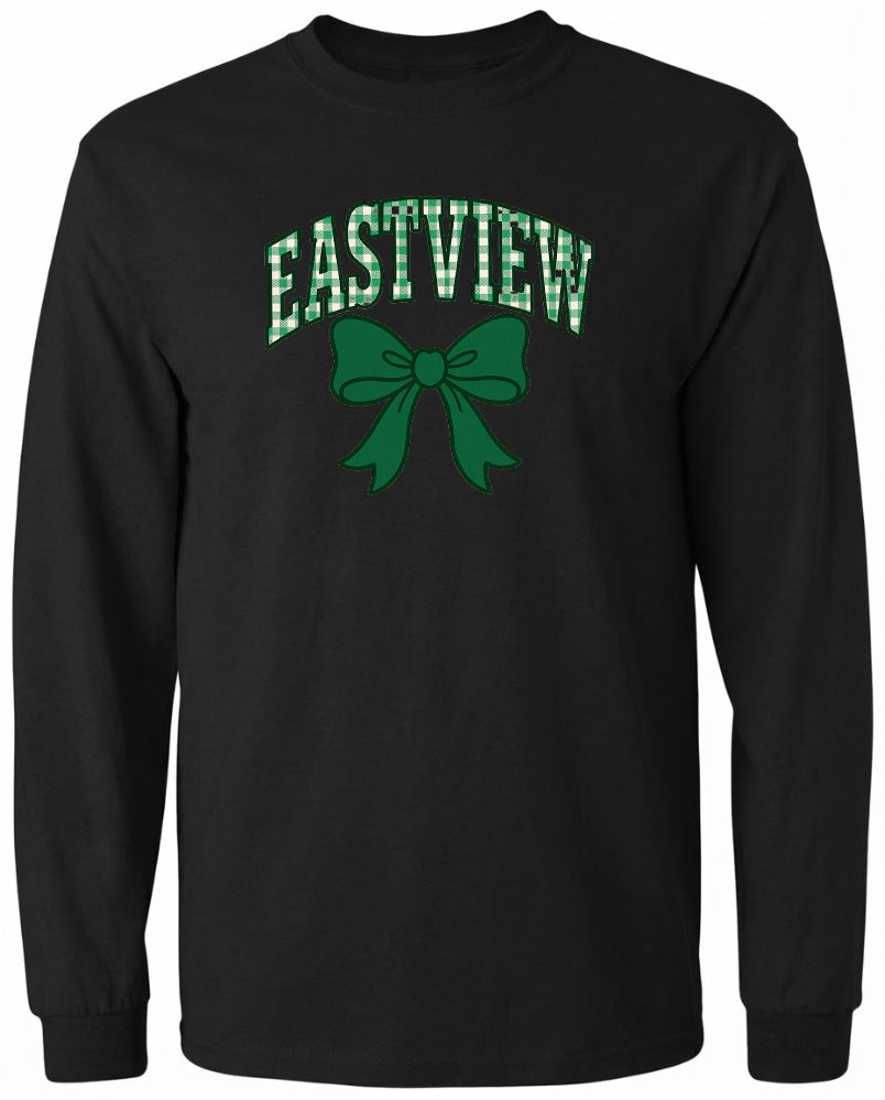 A black long-sleeved shirt with the text "EASTVIEW" and a green bow printed on it.