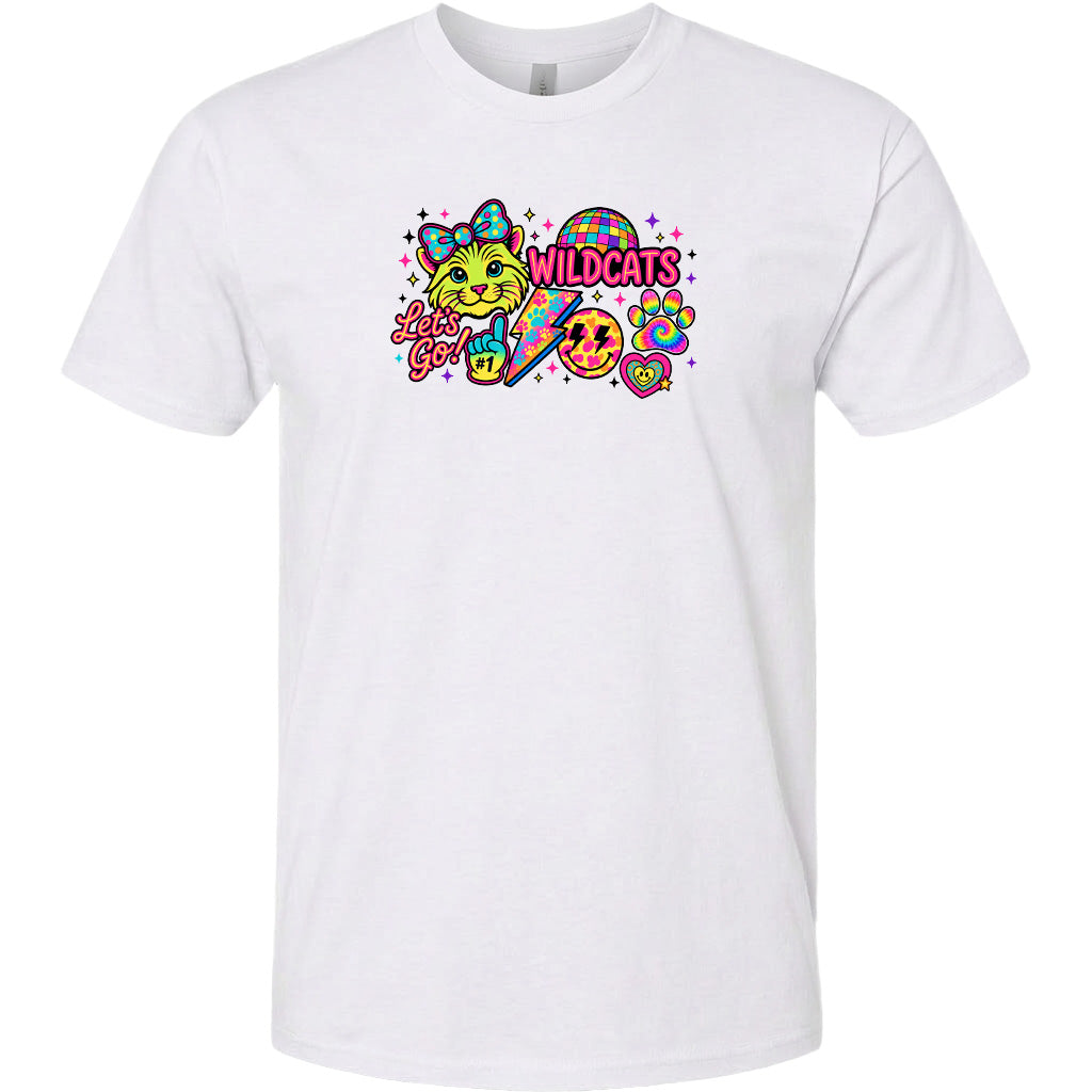 A white t-shirt with a colorful graphic design featuring a cat, a smiley face, and the text "Wildcats" along with a rainbow-colored background.
