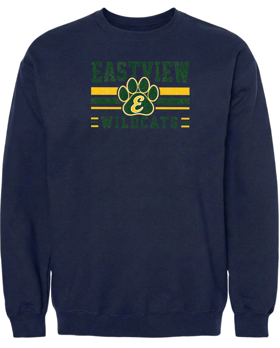 A navy blue sweatshirt with a graphic design featuring a paw print and the text "EASTVIEW WILDCATS" printed on it.