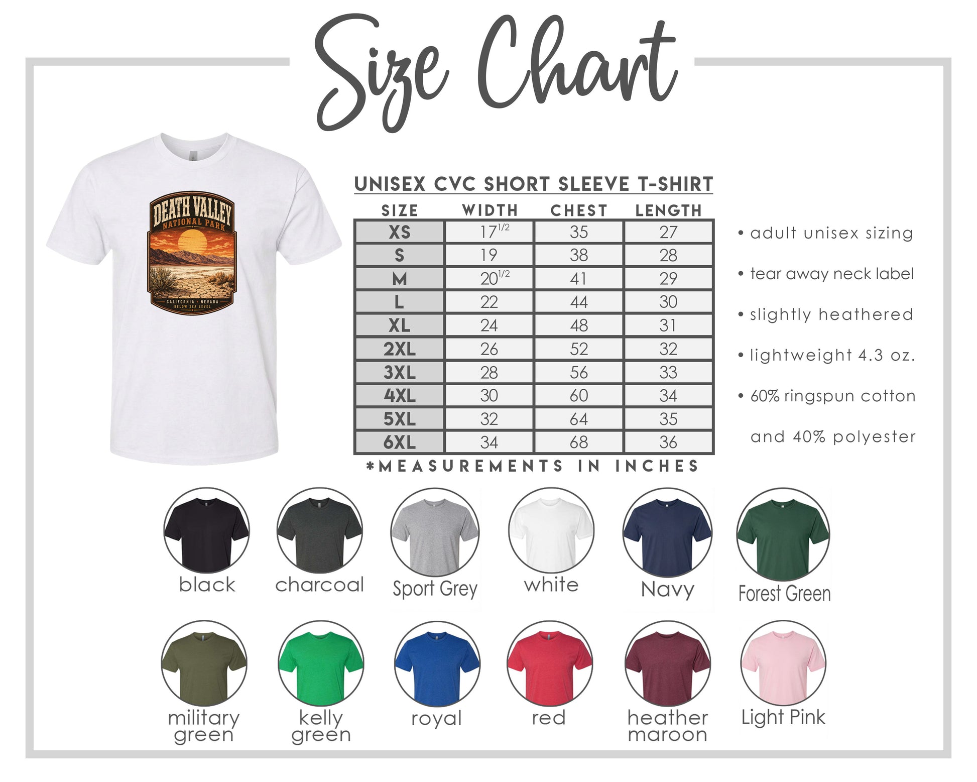The image is a size chart for a UNISEX CVC short sleeve t-shirt. It includes a white t-shirt with a graphic design and a size chart with different sleeve sizes and corresponding measurements.