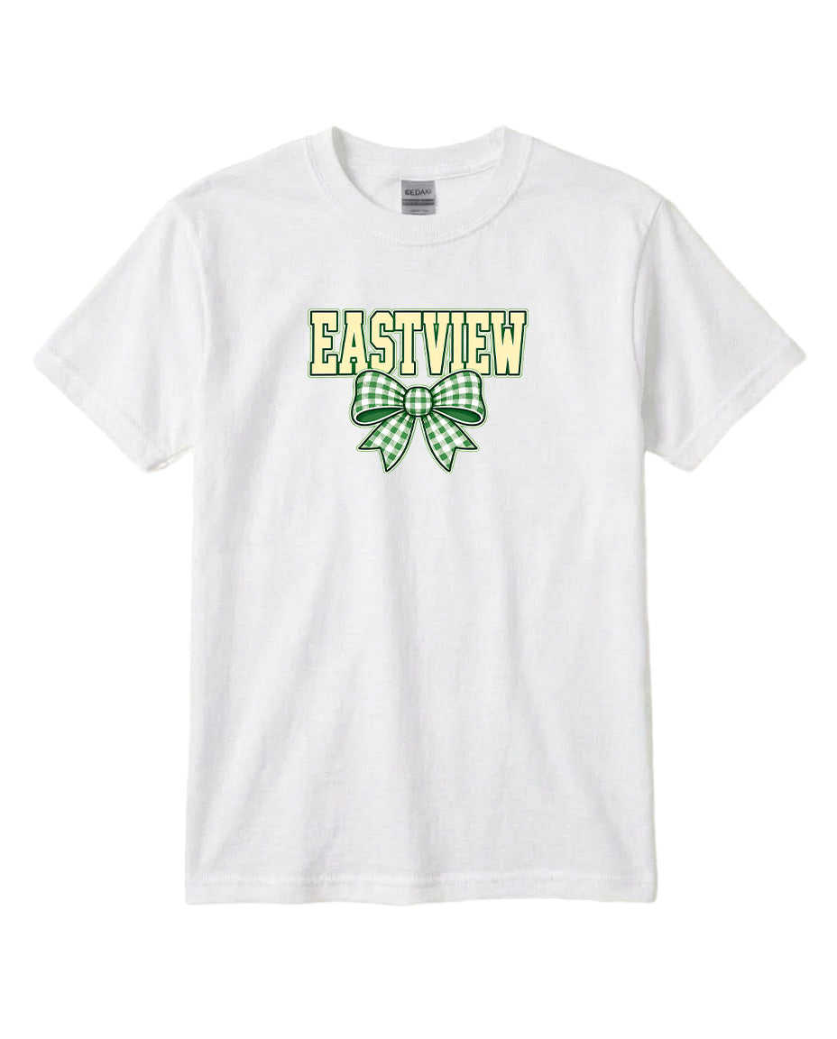 A white t-shirt with a green and white bow graphic and the word "EASTVIEW" printed on it.