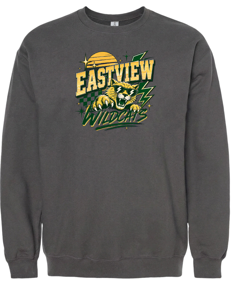 A gray sweatshirt with a graphic design featuring a tiger and the text "EASTVIEW WILDCATS" printed on it.