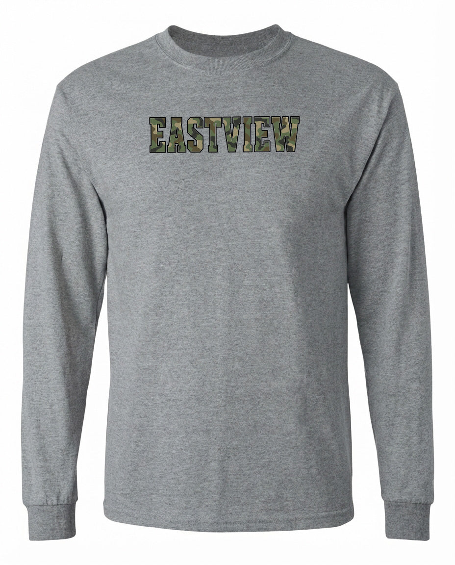 A gray long-sleeved t-shirt with the word "EASTVIEW" printed on it in a camouflage pattern.