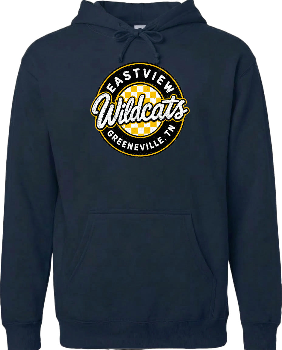 A navy blue hoodie with a circular logo that says "Eastview Wildcats" and "Greeneville, TN" printed on it.