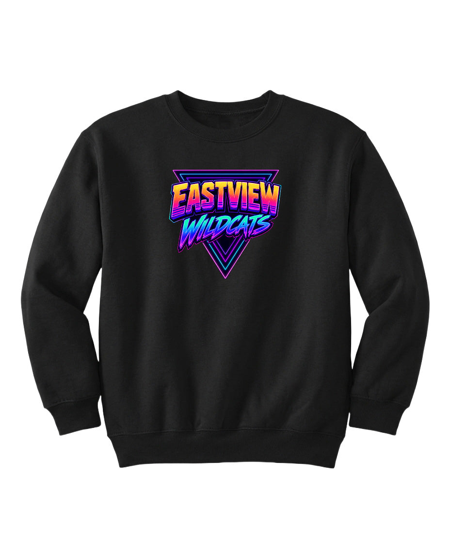 A black sweatshirt with a colorful graphic design on the front.