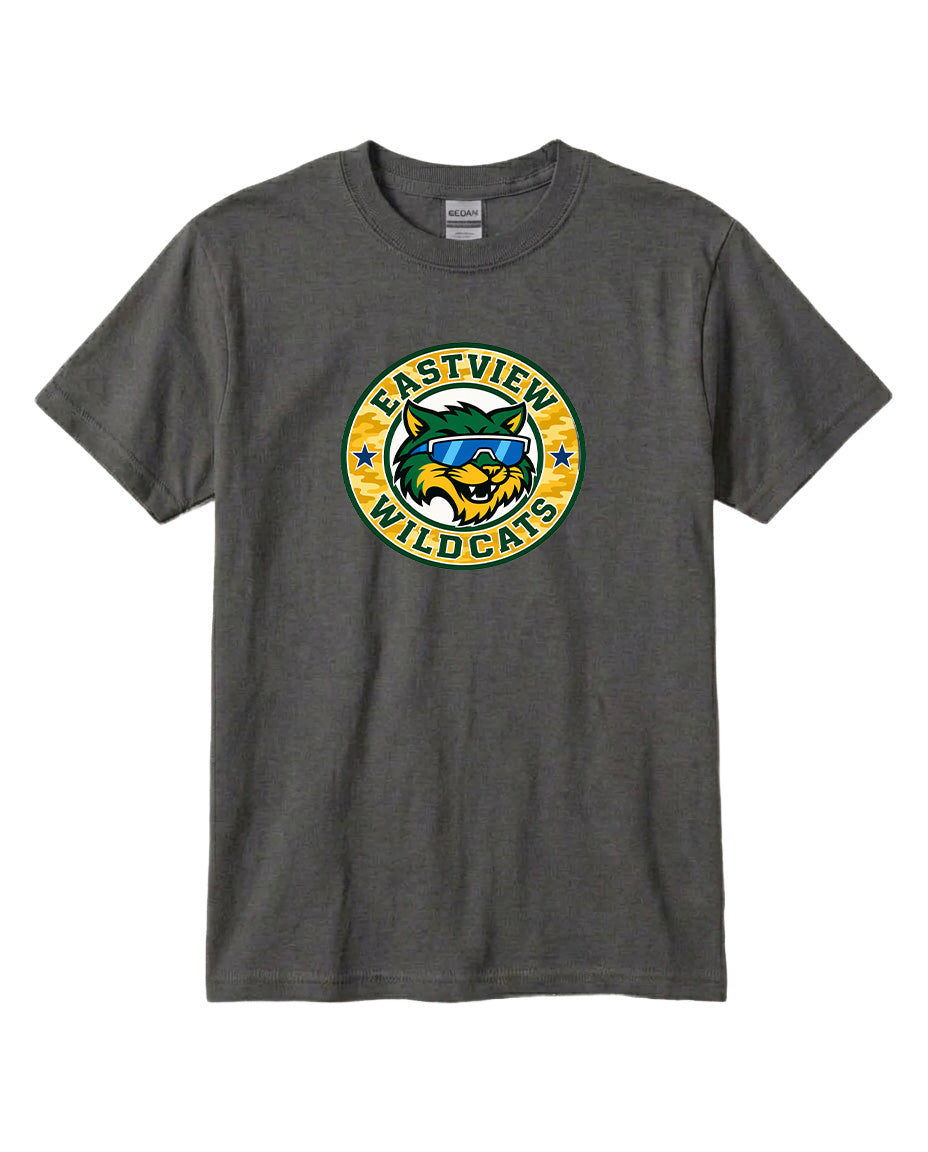 A gray t-shirt with a graphic design featuring a cartoon-like wildcat wearing sunglasses and the text "EASTVIEW WILD CAT" printed on it.