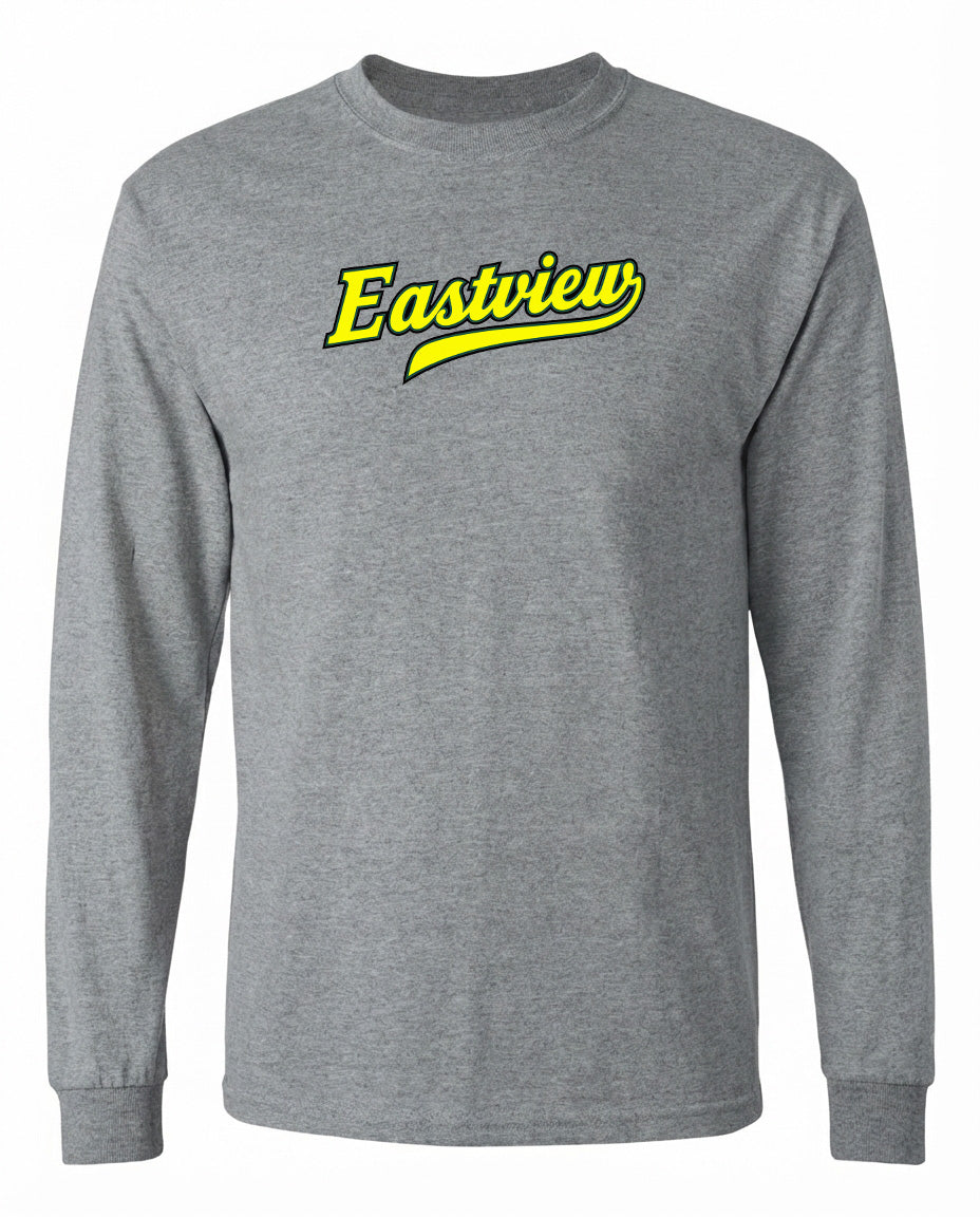 A gray long-sleeved t-shirt with the word "Eastview" printed in yellow on the front.