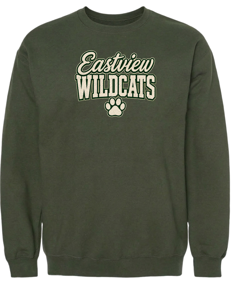 A dark green sweatshirt with the text "Eastview Wildcats" printed on it.
