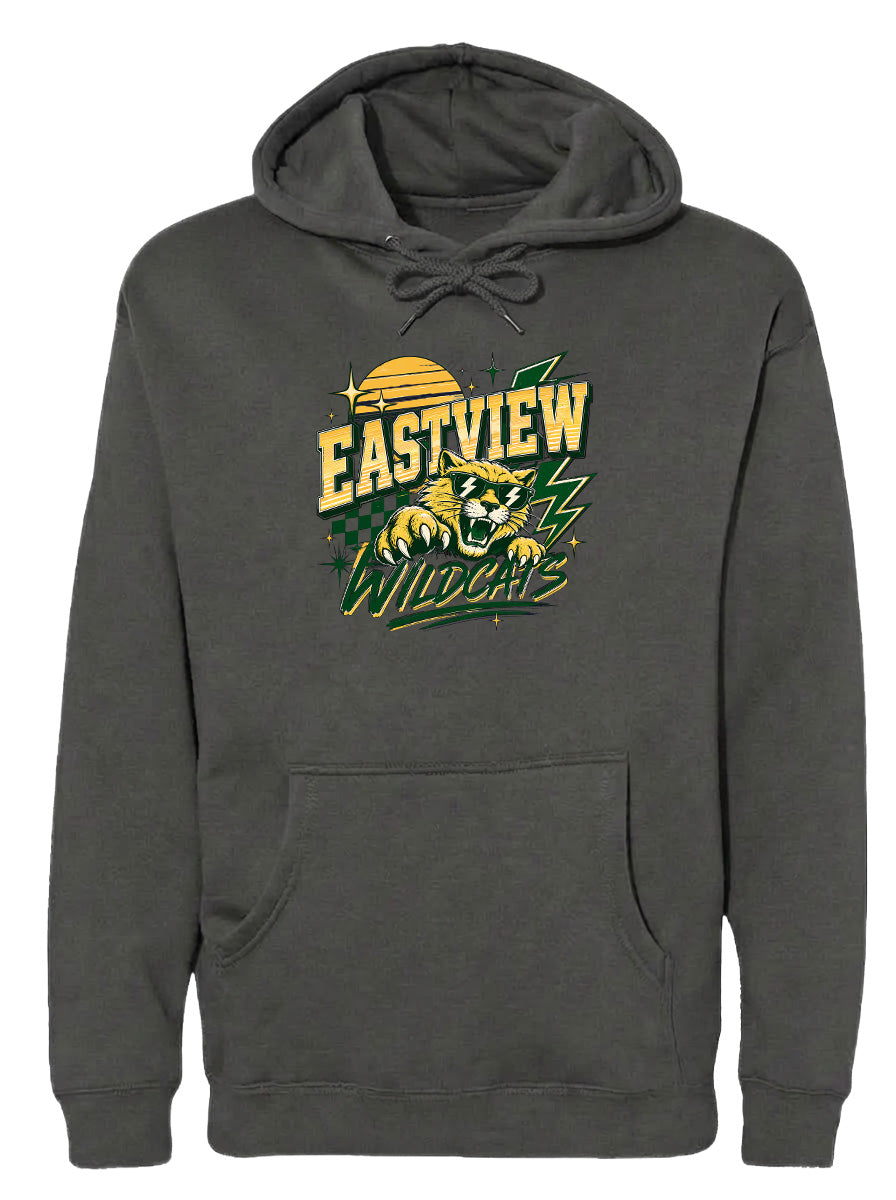 A gray hoodie with a graphic design featuring a panther and the text "EASTVIEW WILDCATS" printed on it.