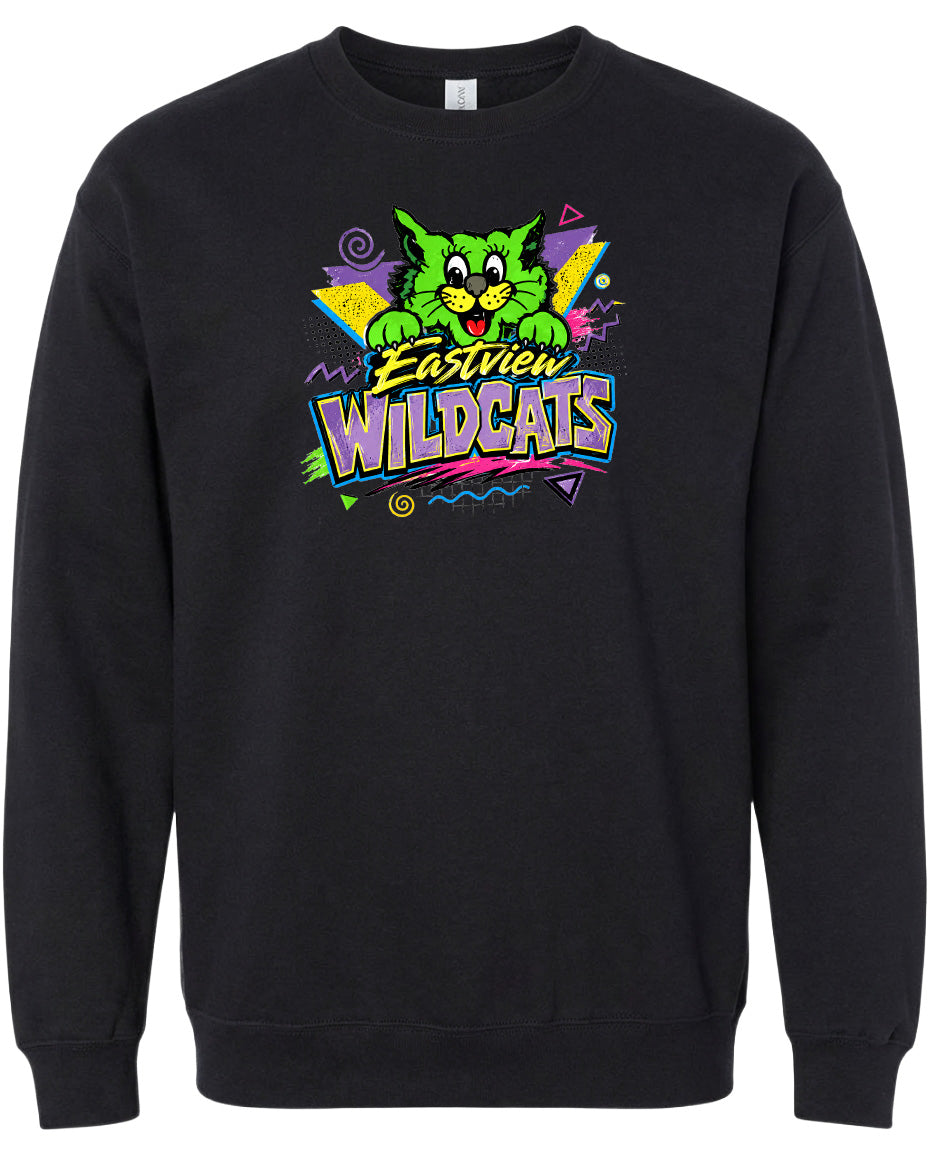 A black sweatshirt with a colorful graphic design featuring a cartoon cat and the text "Eastview Wildcats".