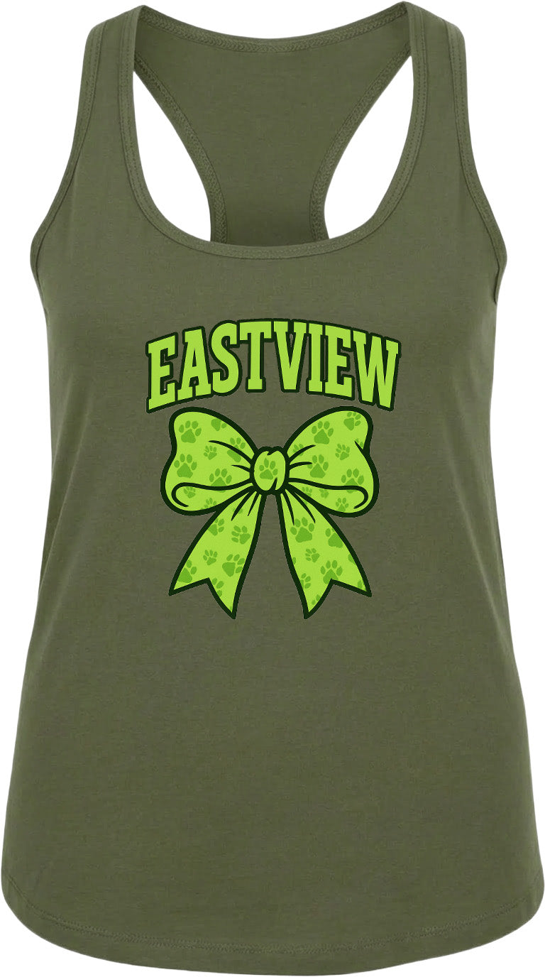 A green tank top with a bow and paw prints printed on it.