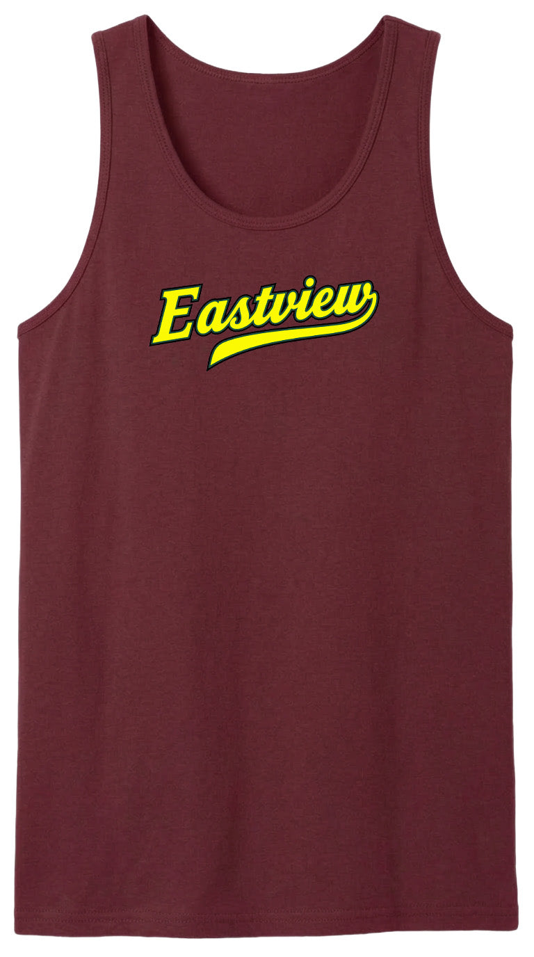 A maroon tank top with the word "Eastview" printed in yellow on it.