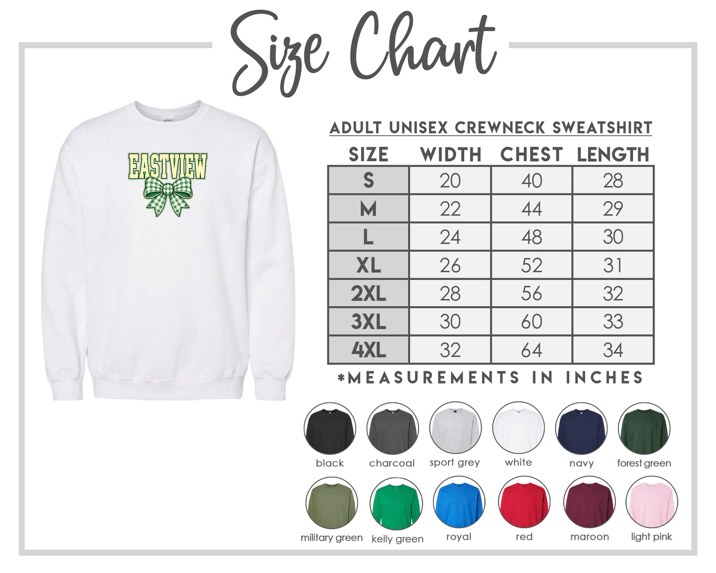 The image is a size chart for an adult unisex crewneck sweatshirt. It includes a white crewneck sweatshirt with a green and yellow design, along with a table of size measurements and corresponding colors.