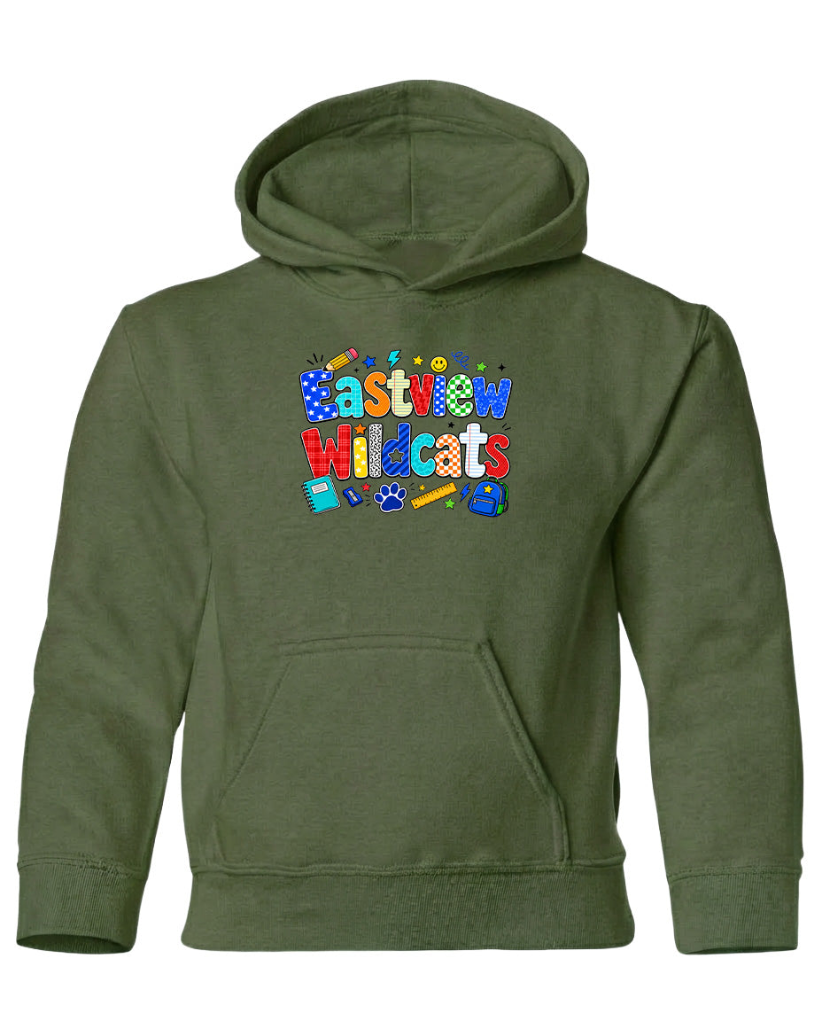 A green hoodie with a colorful graphic design featuring the text "Eastview Wildcats" and various school-related icons.