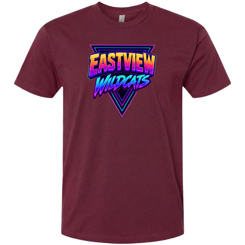 A burgundy-colored t-shirt with a graphic design featuring the text "EASTVIEW WILDCATS" in a stylized font.